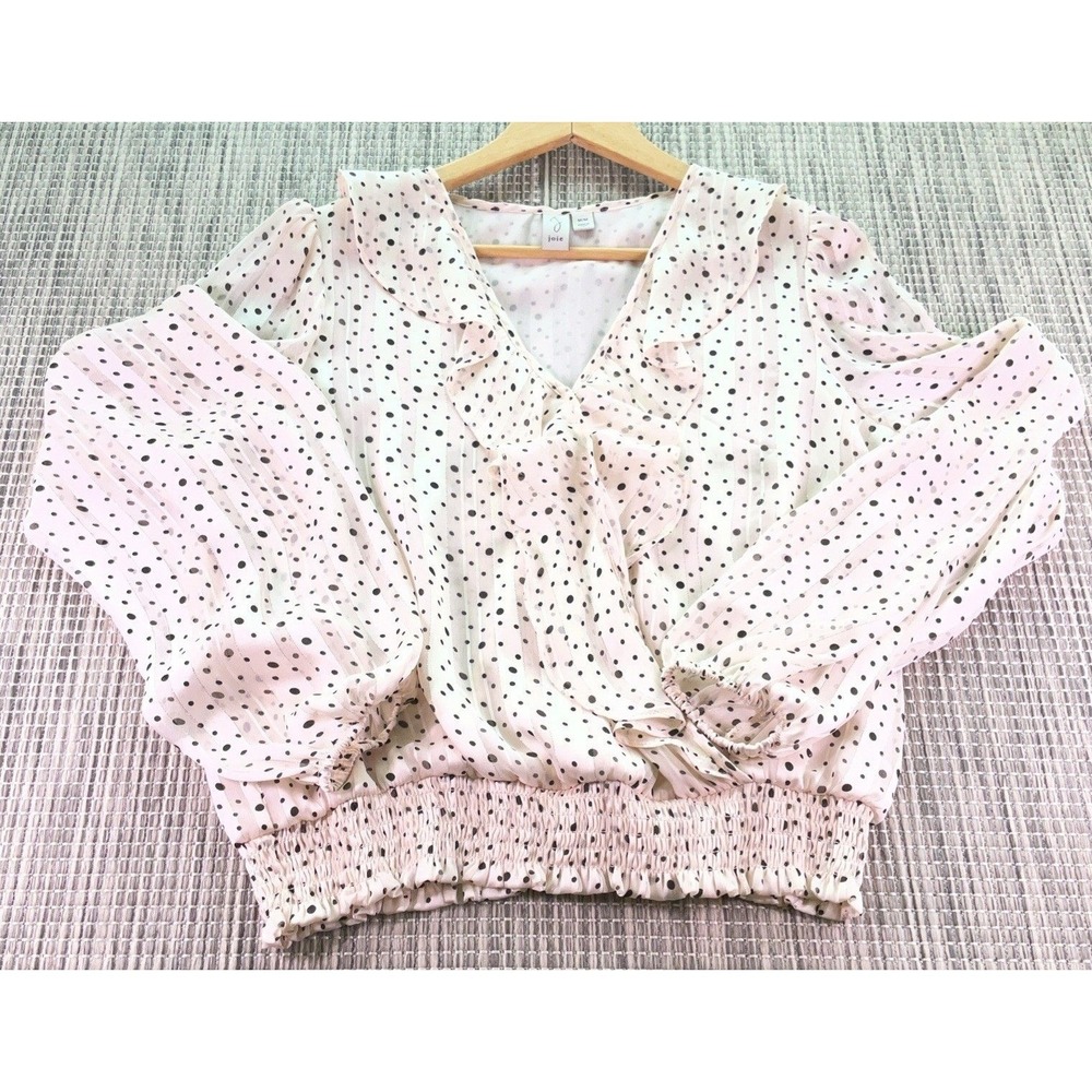 Joie Polka Dot Ruffle V-Neck Smocked Waist Long Puff Sleeves Blouse Medium